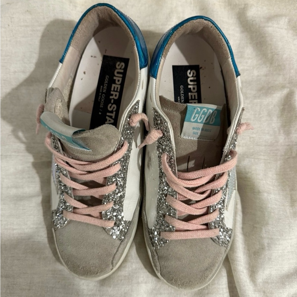 Golden Goose White Sneakers with Pink Laces, Silver Glitter & Blue Heel Tab - Picture 3 of 5